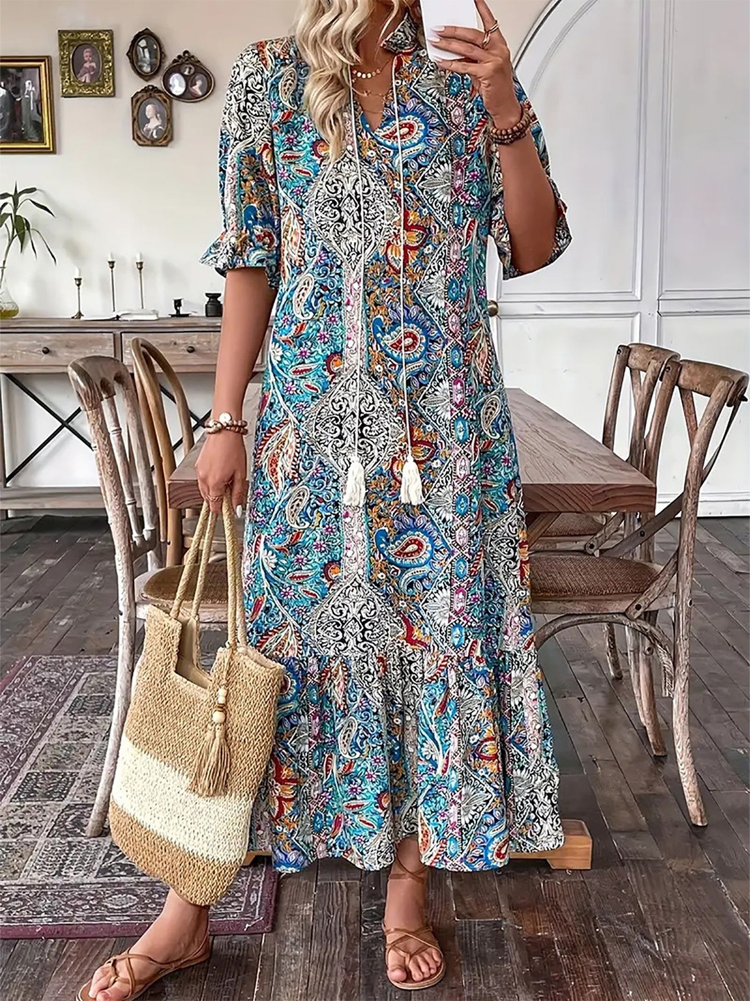 

StyleCast x Revolte Ethnic Motifs Printed A-Line Maxi Dress, Blue