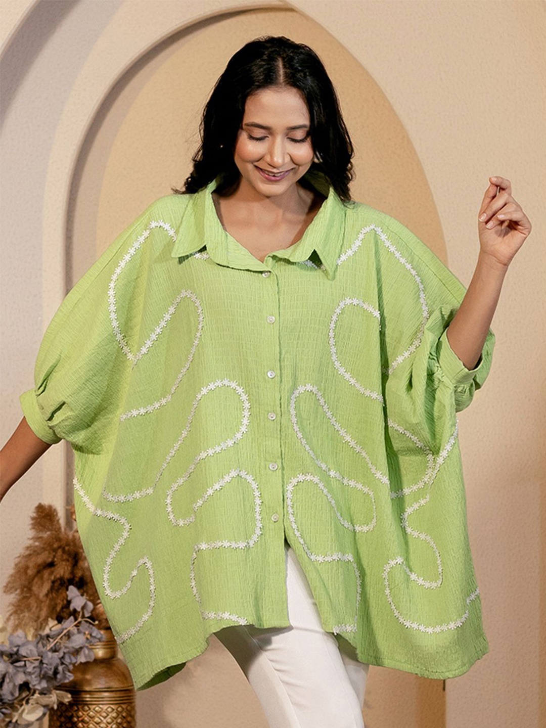 

B'Infinite Women Self Design Shirt Collar Cotton Top, Green