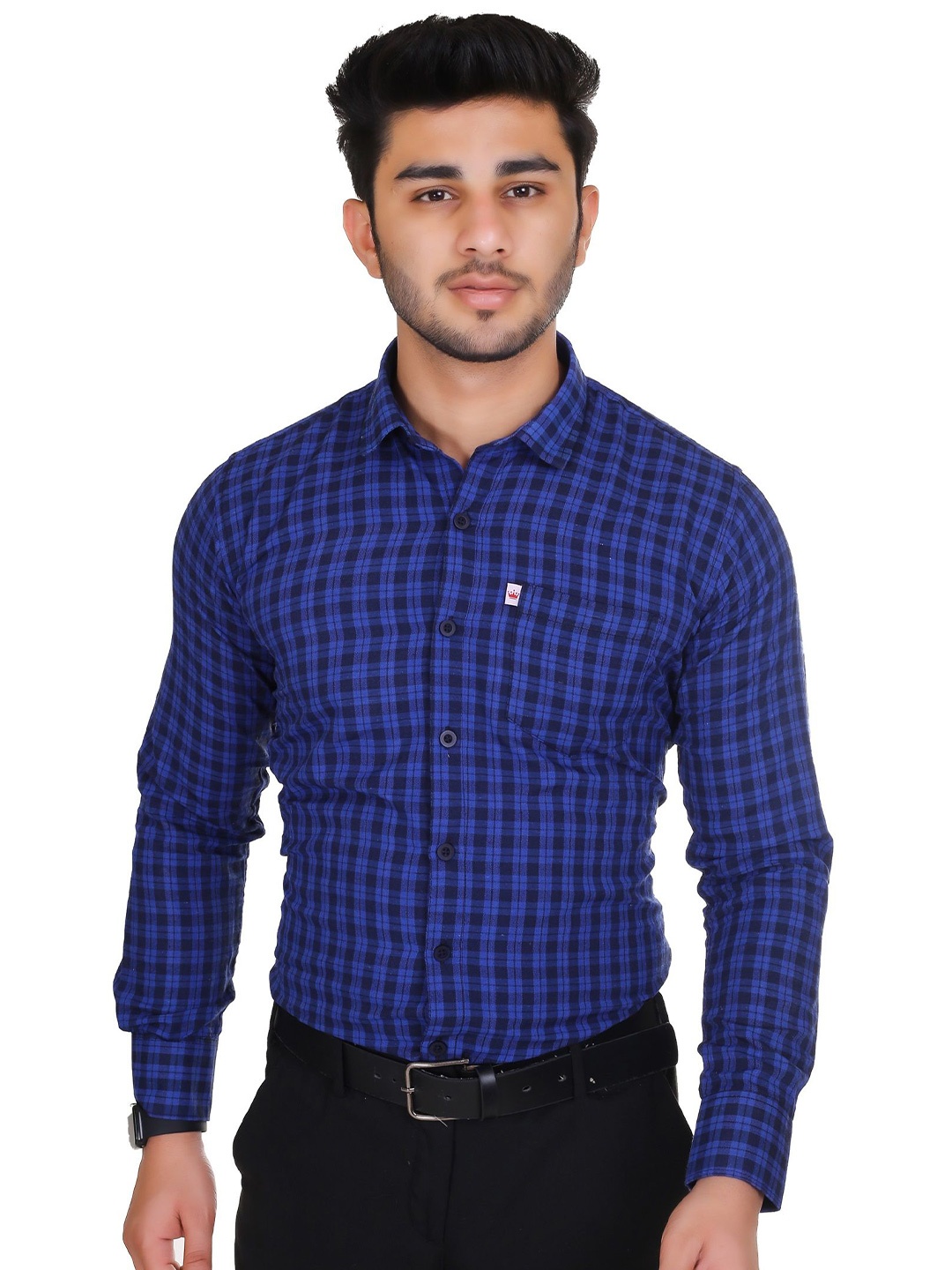 

Marc Laurent Men Comfort Spread Collar Tartan Checked Cotton Casual Shirt, Blue