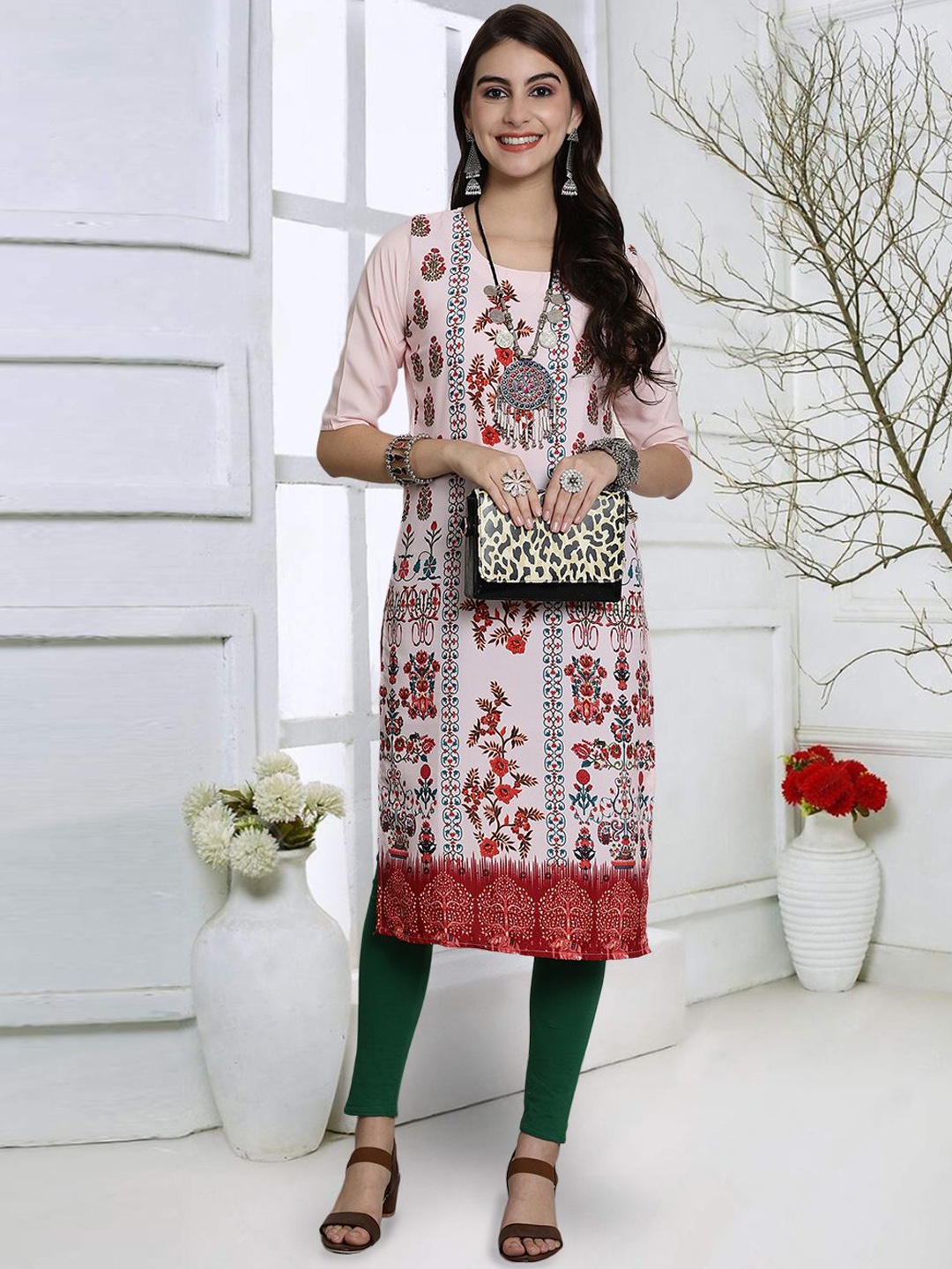 

7Threads Floral Printed Straight Kurta, Pink
