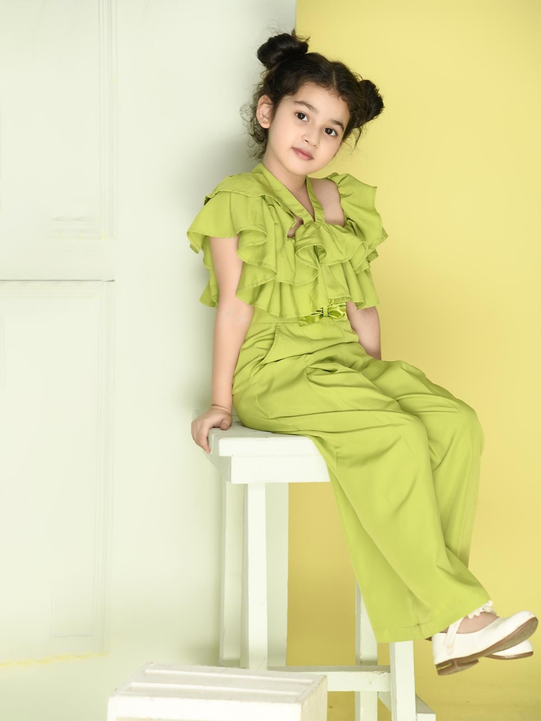 

RANJ Girls Off-Shoulder Basic Jumpsuit with Ruffles, Green