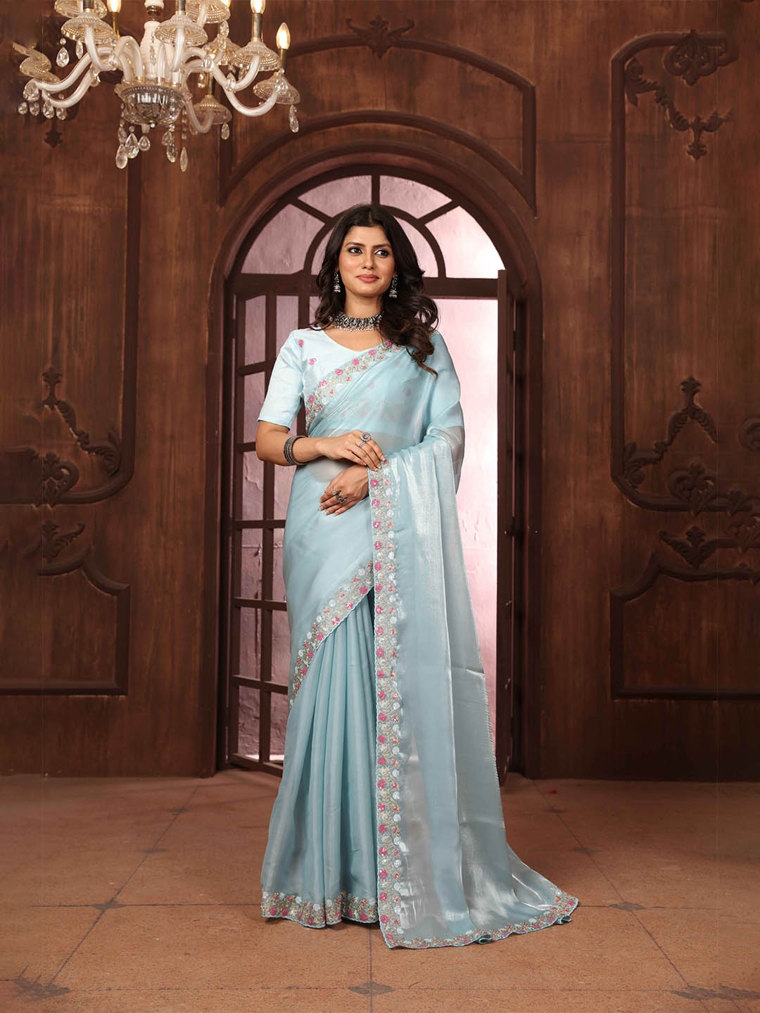 

NIRMAL CREATION Solid Embroidered Saree, Blue
