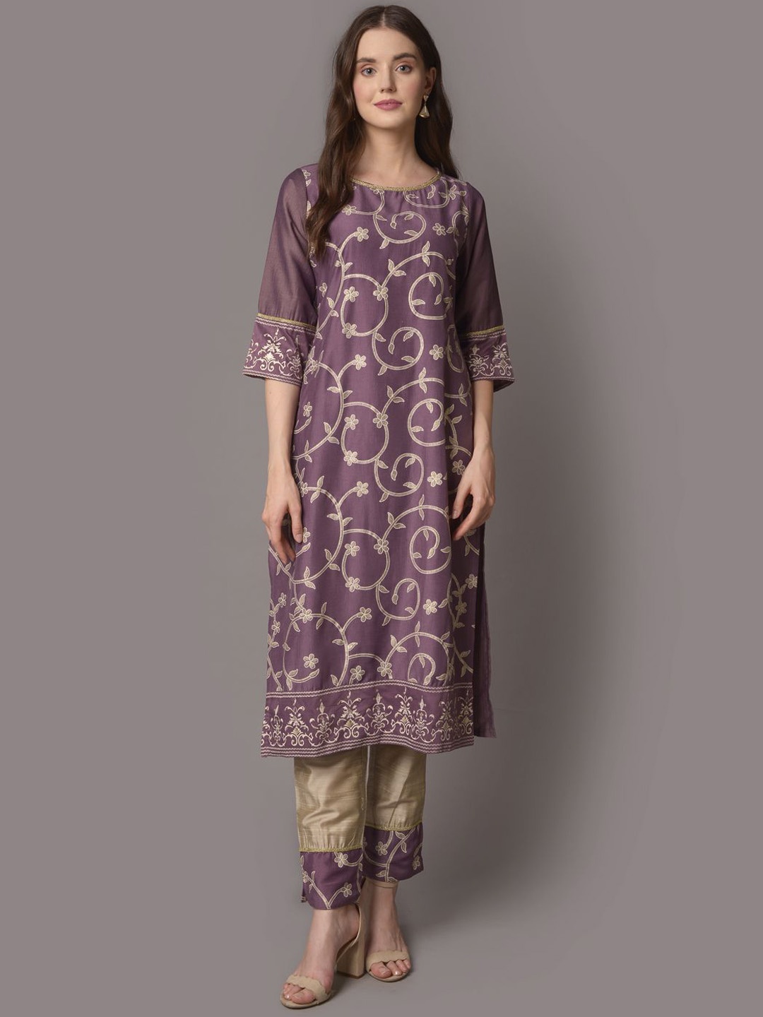 

Shree Floral Printed Regular Liva Straight Kurta with Trousers, Mauve