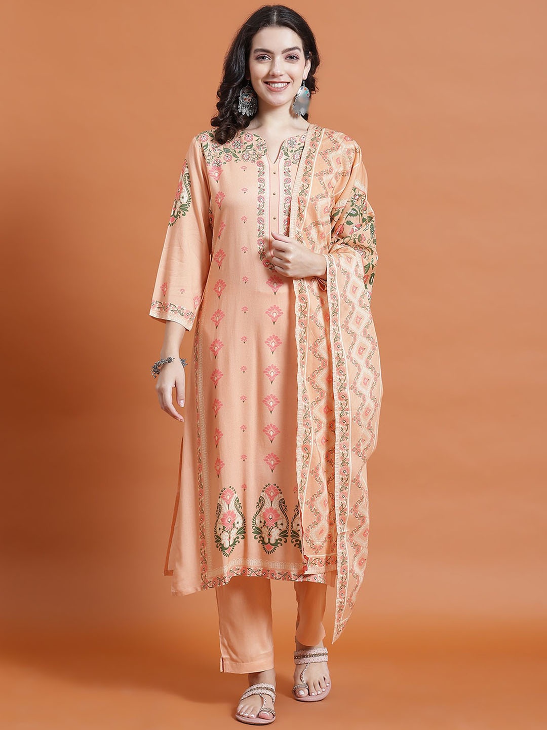 

Shree Floral Printed A Line Kurta with Trousers & Dupatta, Peach