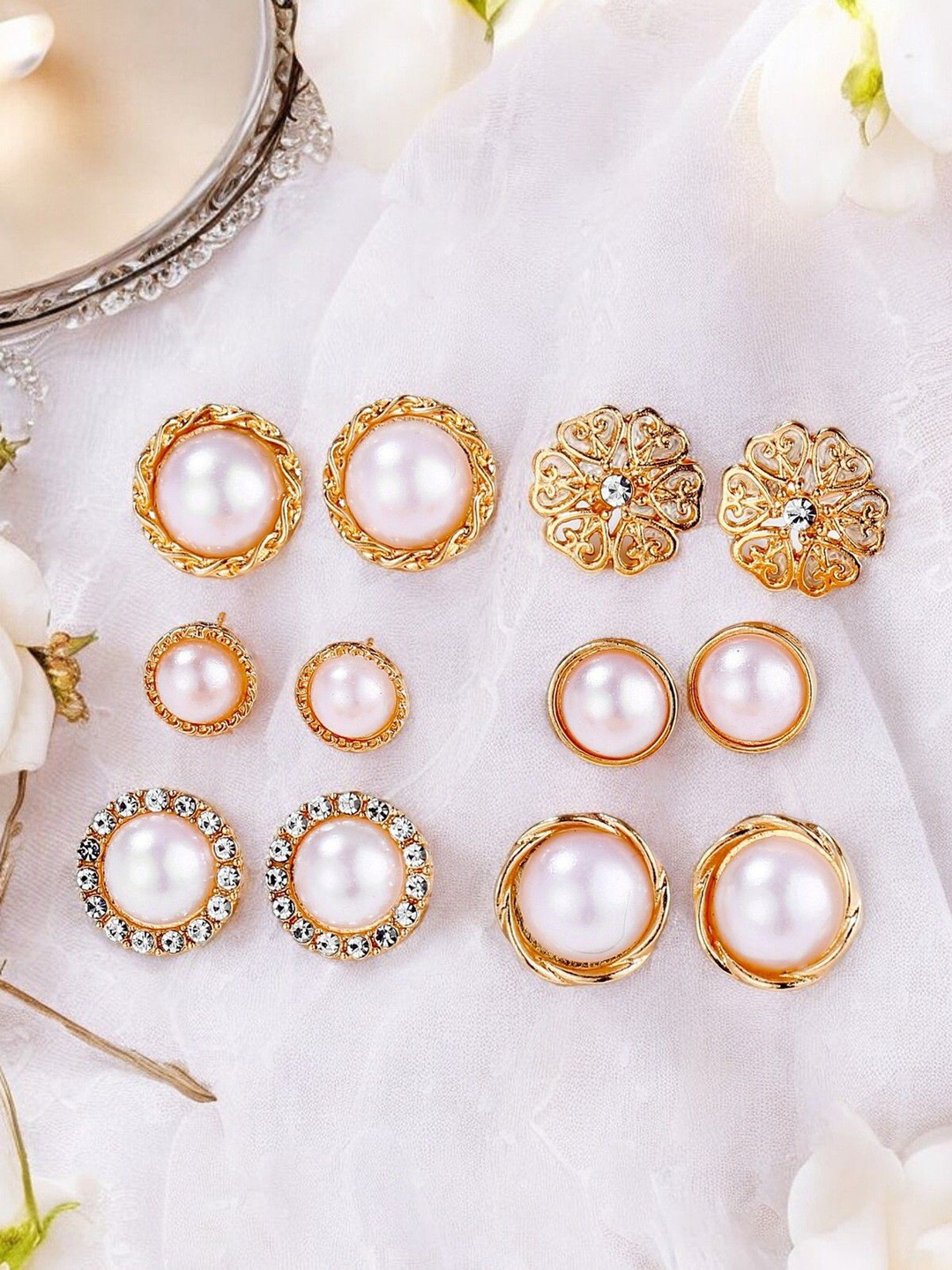 

fabula Set Of 6 Pearl Beaded Contemporary Studs, Gold