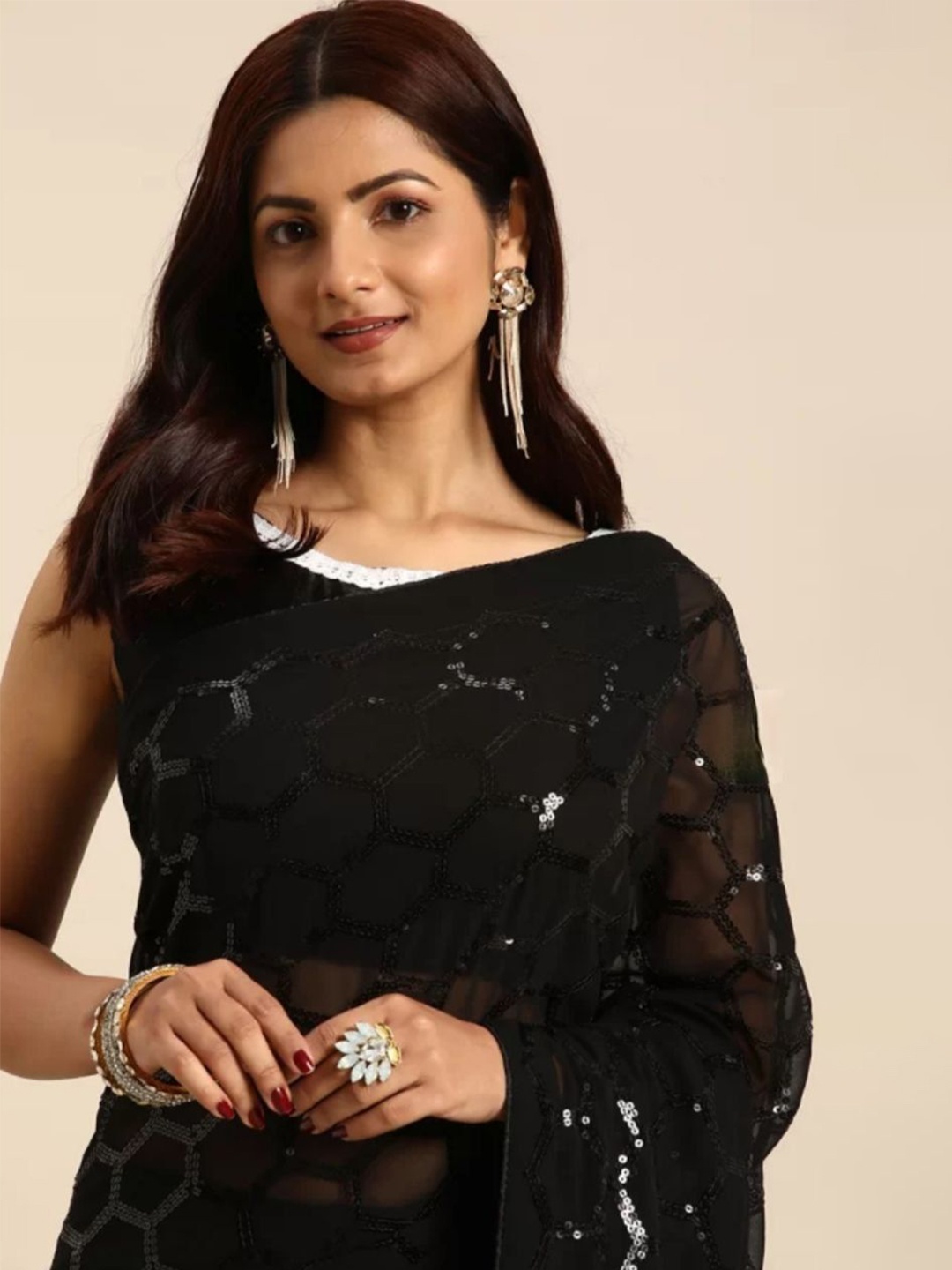 

HERE&NOW Sequinned Poly Georgette Saree, Black