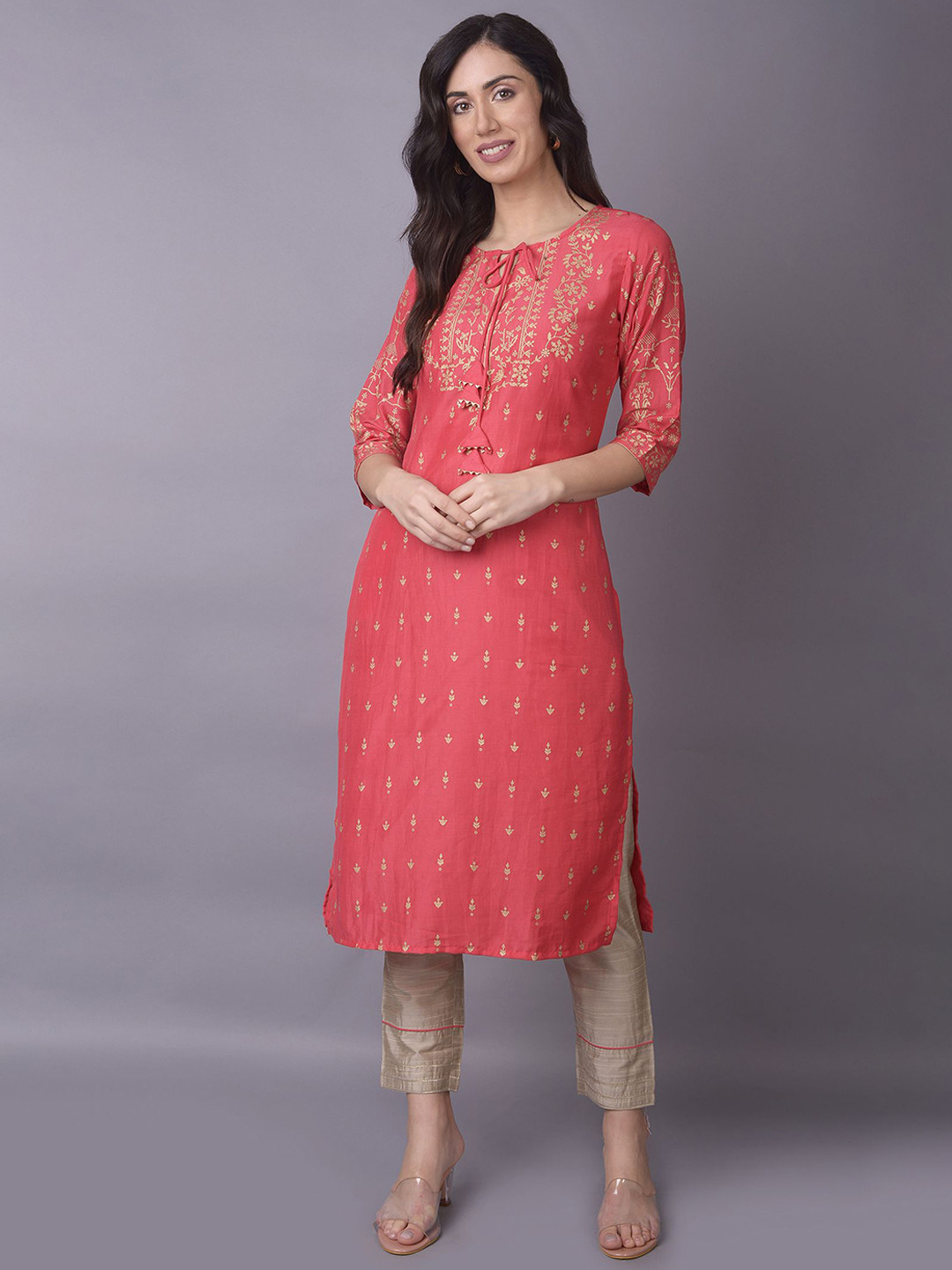 

Shree Ethnic Motifs Printed Tie-Up Neck Straight Kurta, Pink
