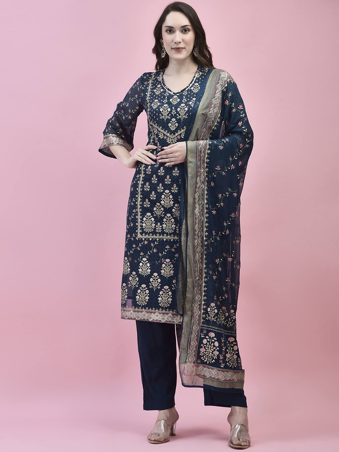 

Shree Floral Printed Straight Kurta & Trousers With Dupatta, Navy blue