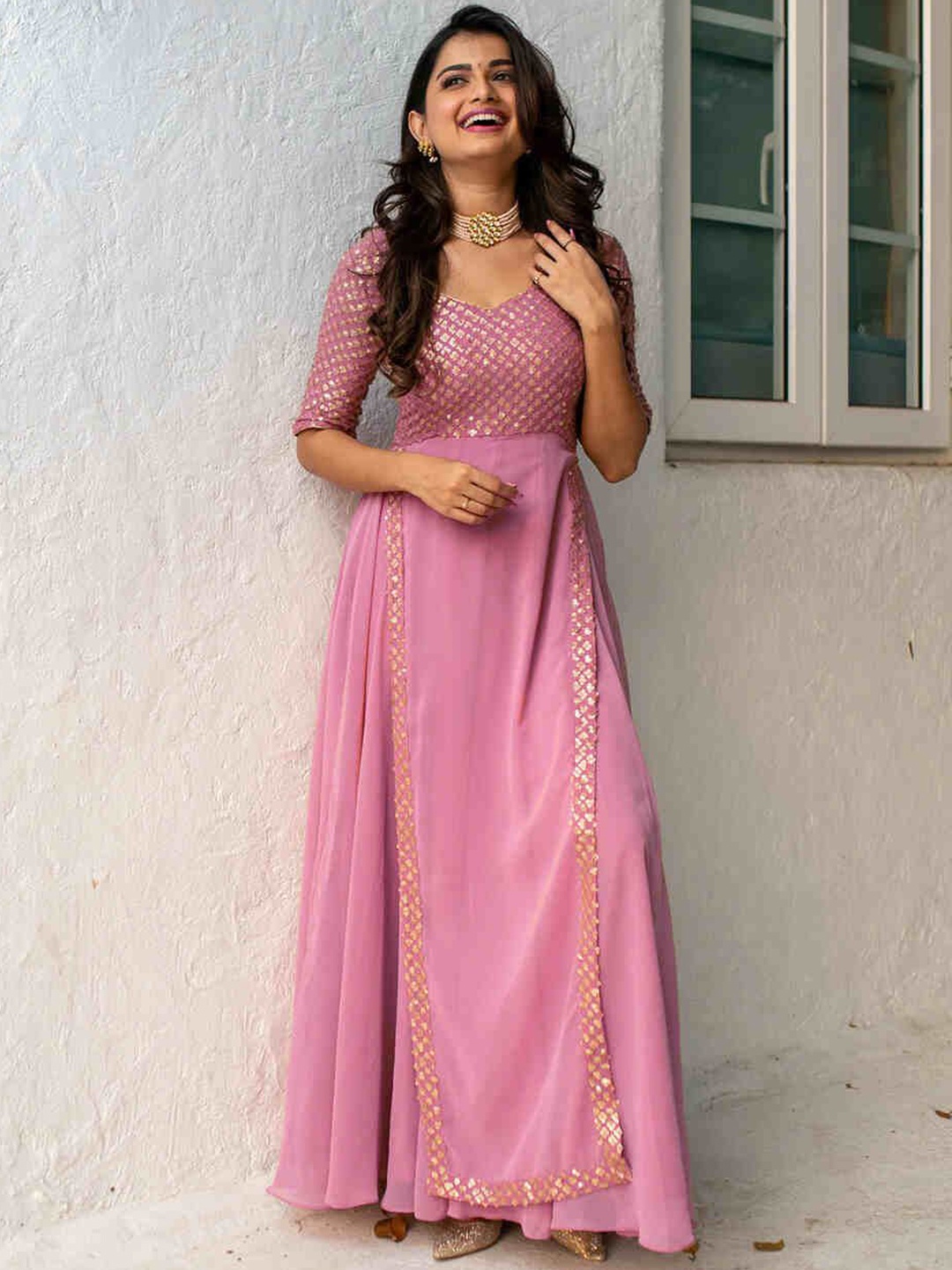 

KALINI Embroidered maxi Ethnic motifs Georgette Fit and Flare Dresses, Pink