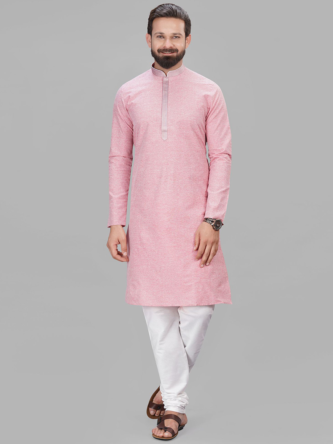 

LA'SCOOT Thread Work Stand Collar Straight Kurta with Pyjamas, Pink