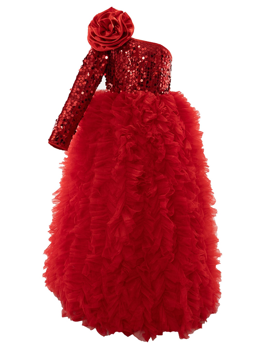 

Pink Wings Embellished Off-Shoulder Net Maxi Dress, Red