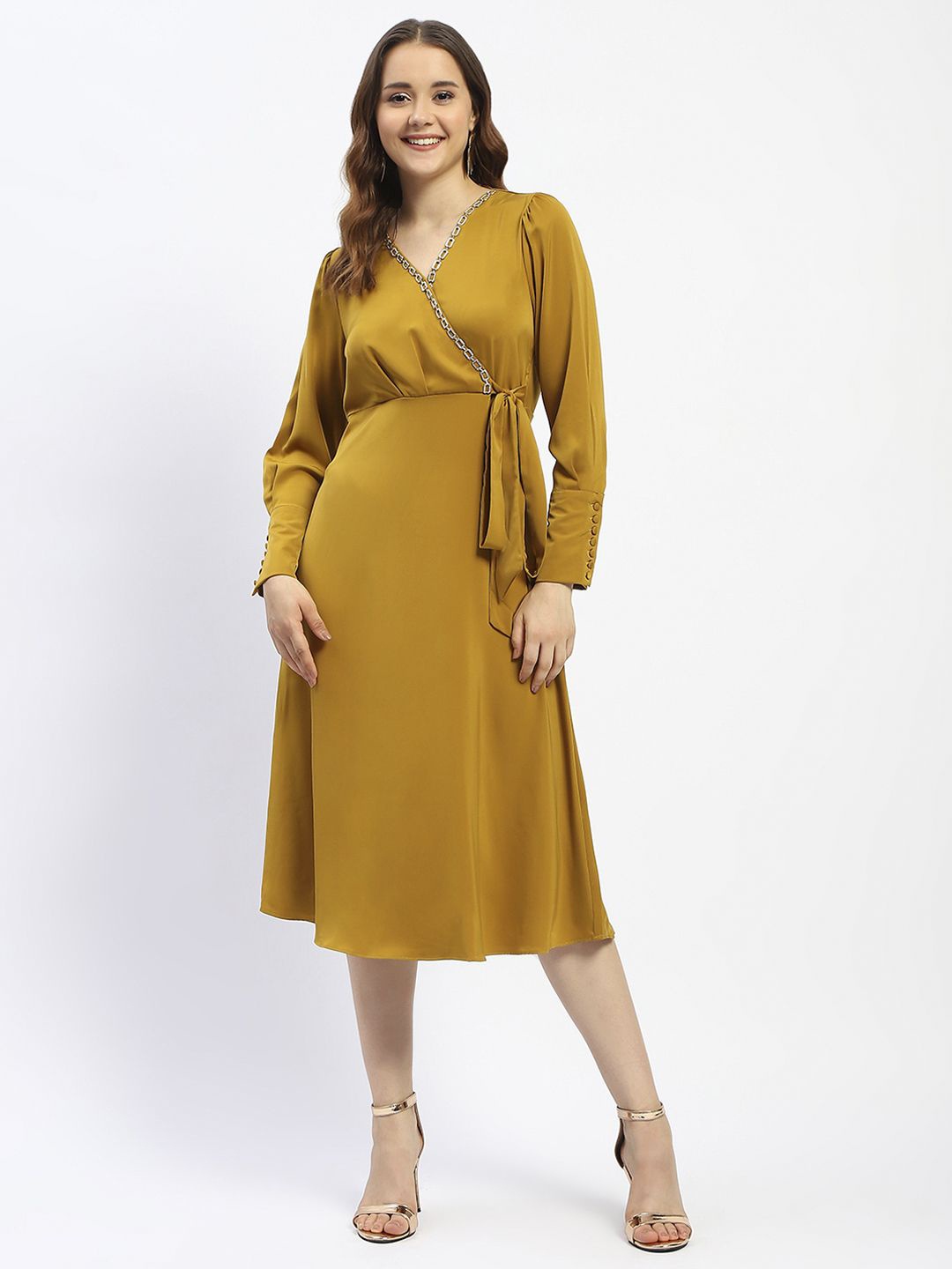

Madame Solid Wrap Midi Dress, Mustard