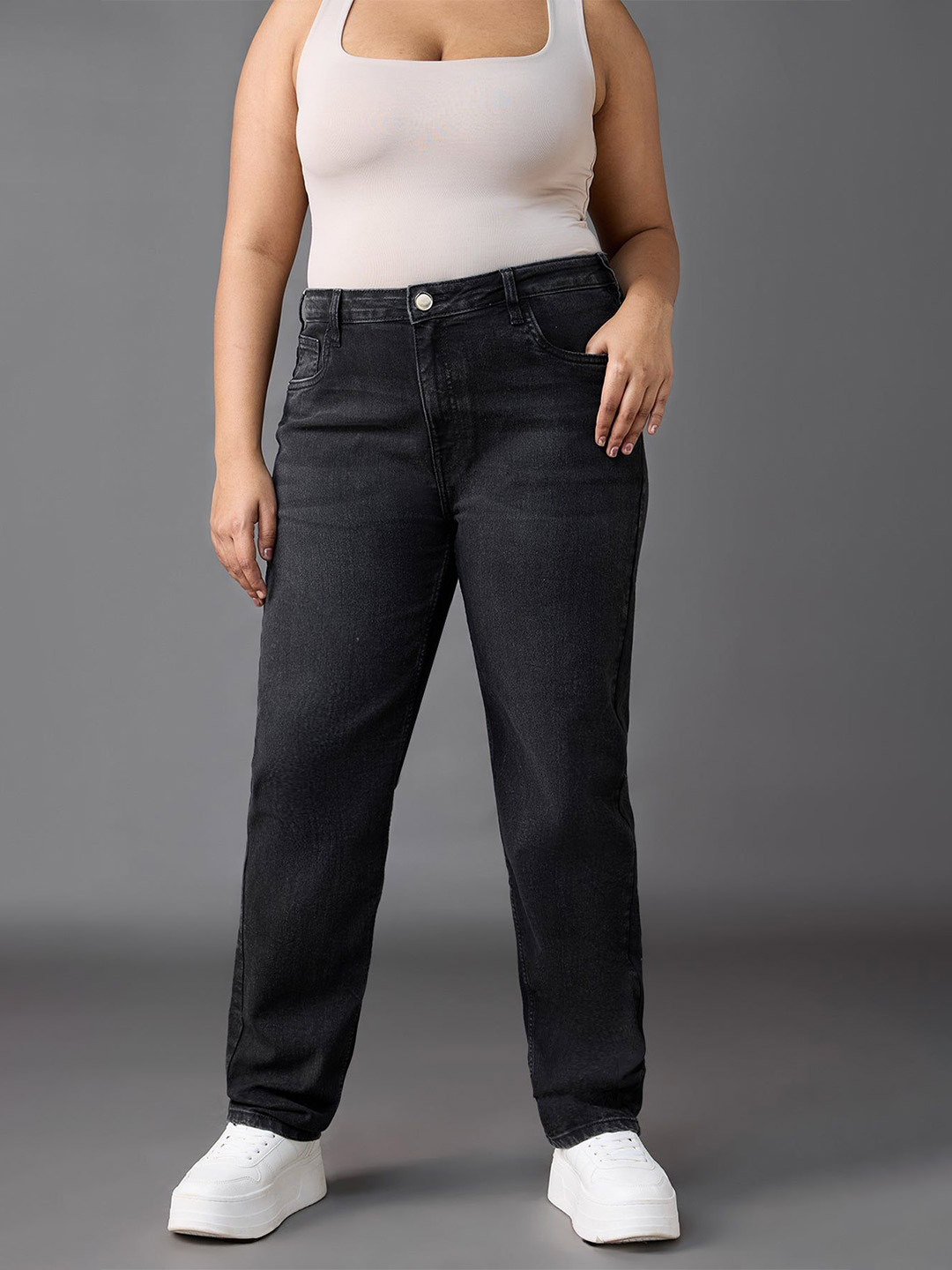 

FREAKINS Women Cotton High-Rise Clean Look Jeans, Black