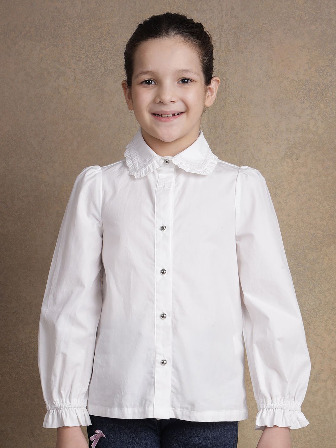 

One Friday Girls Comfort Spread Collar Solid Cotton Formal Shirt, Off white