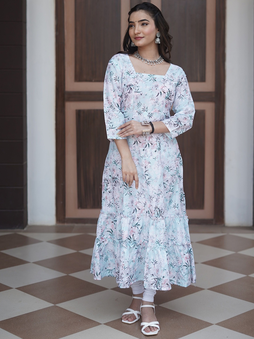 

GO BOUJEE Floral Printed Tiered Silk Anarkali Kurta, Turquoise blue