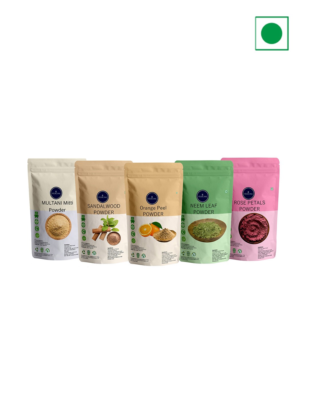 

VEDICINE Set Of 5 Multani Mitti Sandalwood Orange Neem Leaf Rose Petal Mask- 50g Each, Green