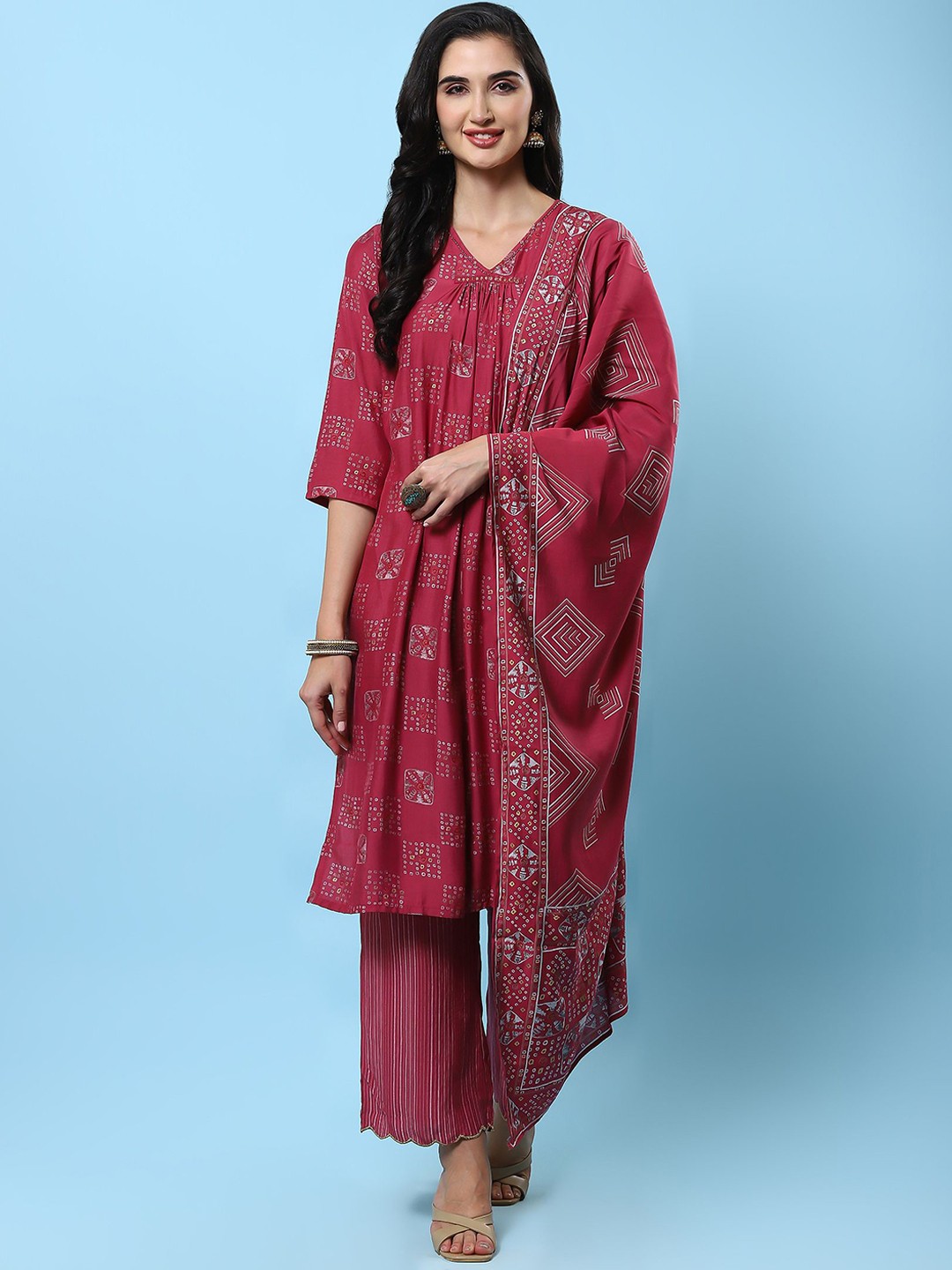 

Shree Geometric Printed Regular Liva A-Line Kurta With Trousers & Dupatta, Pink