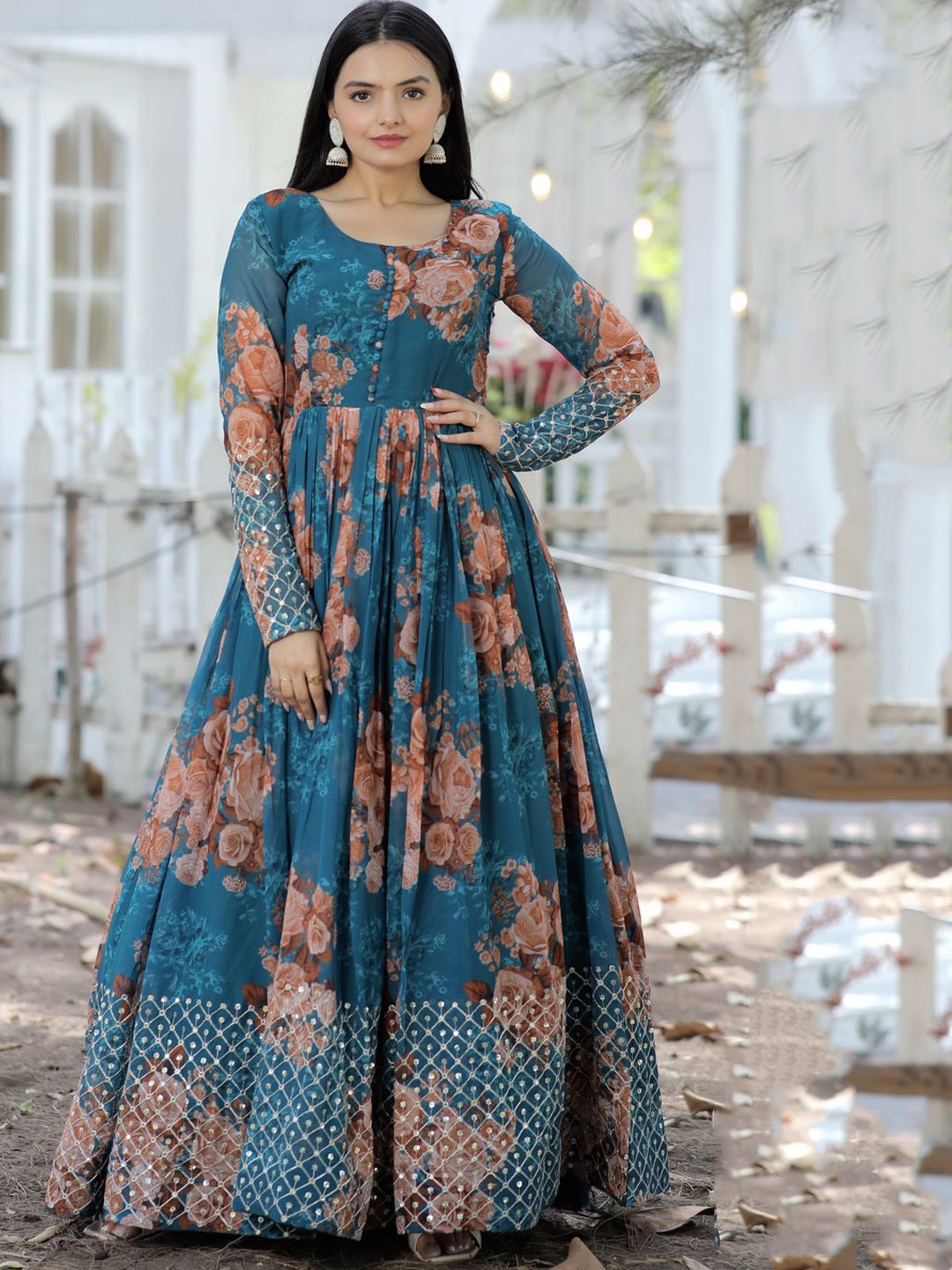 

KALINI Floral Printed Fit and Flare Ethnic Dresses, Blue