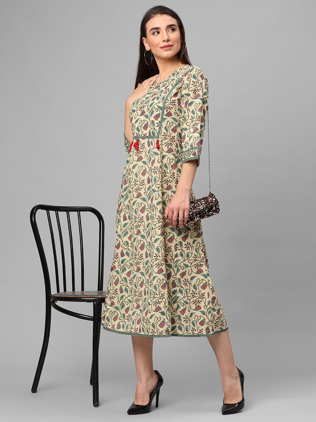 

Shree Floral Printed A-Line Midi Dress, Beige