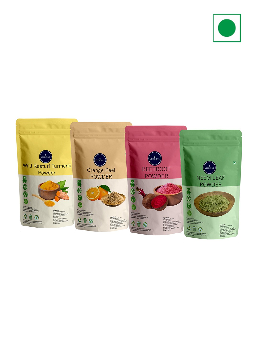 

VEDICINE Set Of 4 Wild Turmeric Orange Beetroot Neem Leaf Power For Face Pack-100gm each, Yellow