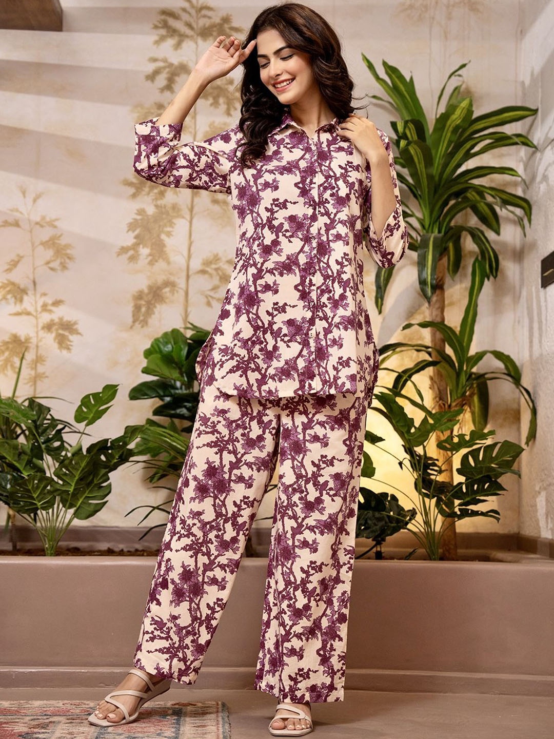 

FEATHERS CLOSET Tropical Printed Pure Cotton Tunic With Trouser, Purple