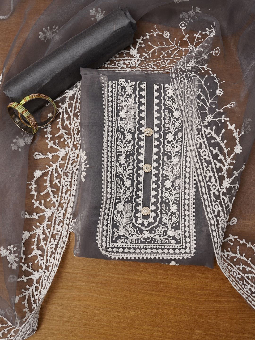 

Jaipur Kurti Unstitched Embroidered Organza Dress Material With Dupatta, Grey