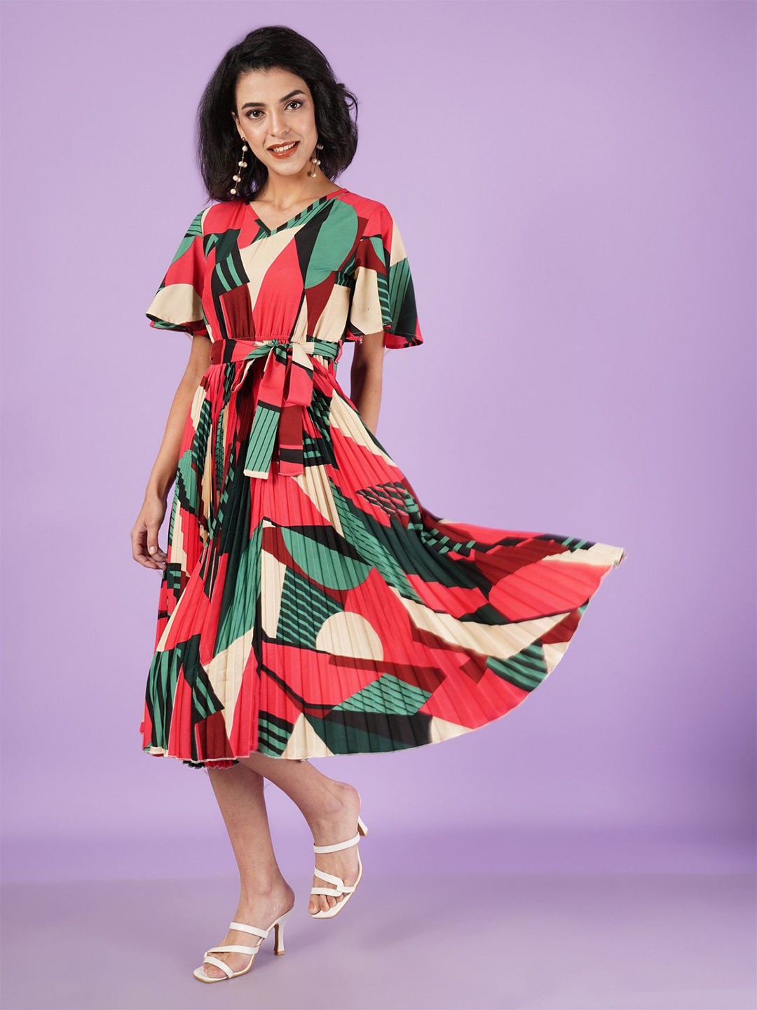 

Femvy Women Abstract Print Bell Sleeve Applique Crepe Fit & Flare Dress, Green