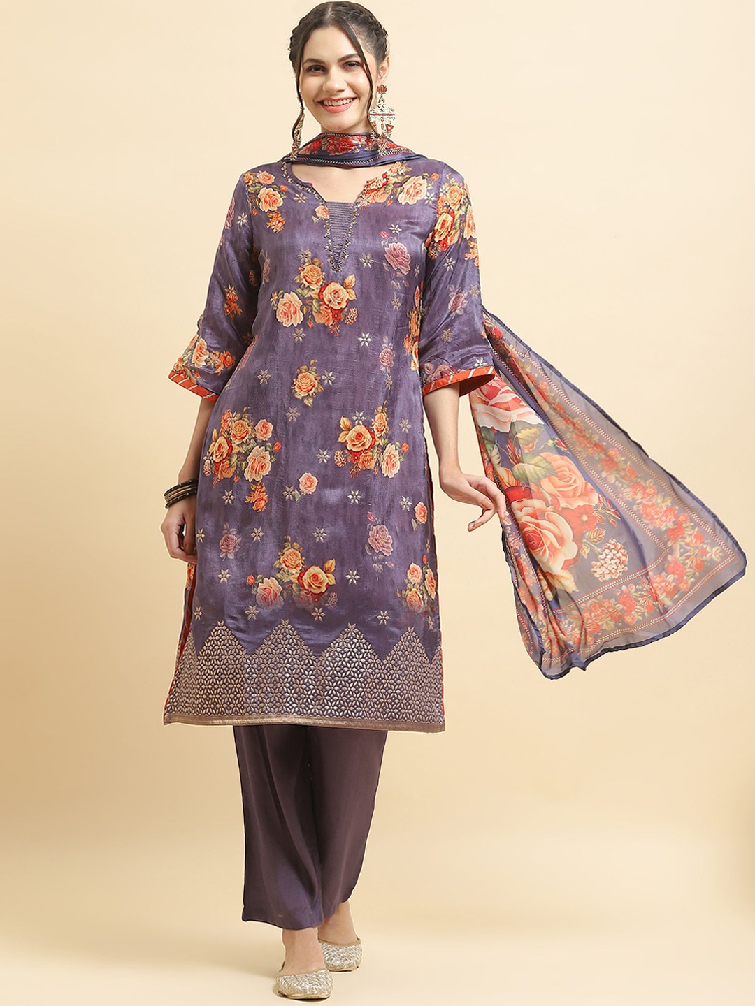 

Shree Floral Printed Straight Kurta with Trousers & Dupatta, Purple