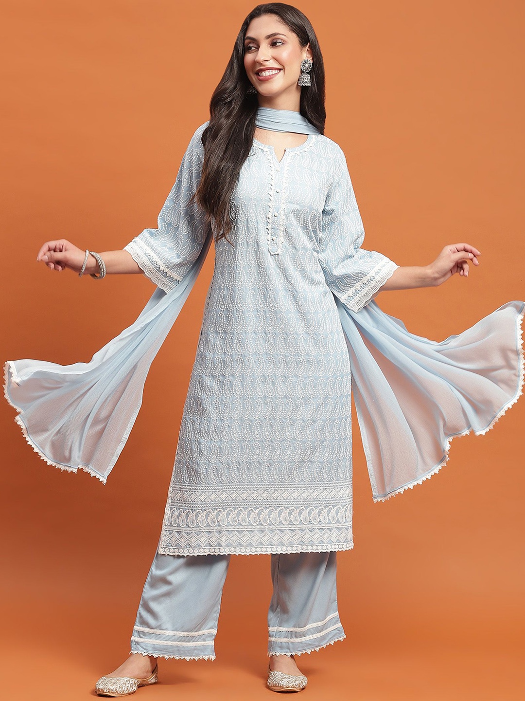 

Shree Paisley Embroidered Thread Work Straight Kurta With Trousers & Dupatta, Turquoise blue