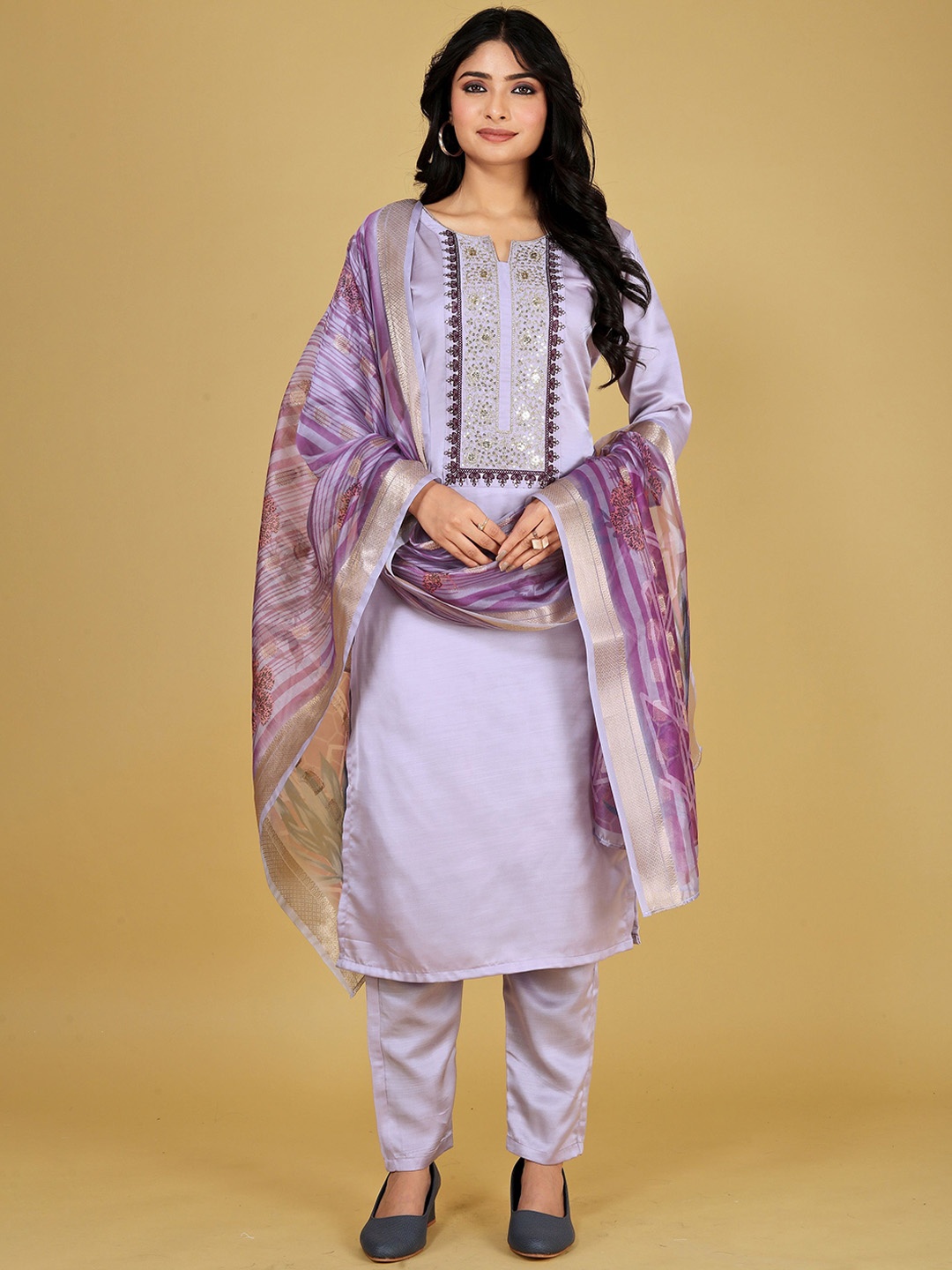 

JDS LIFESTYLE Ethnic Motifs Embroidered Cotton Silk Straight Kurta With Trousers & Dupatta, Purple