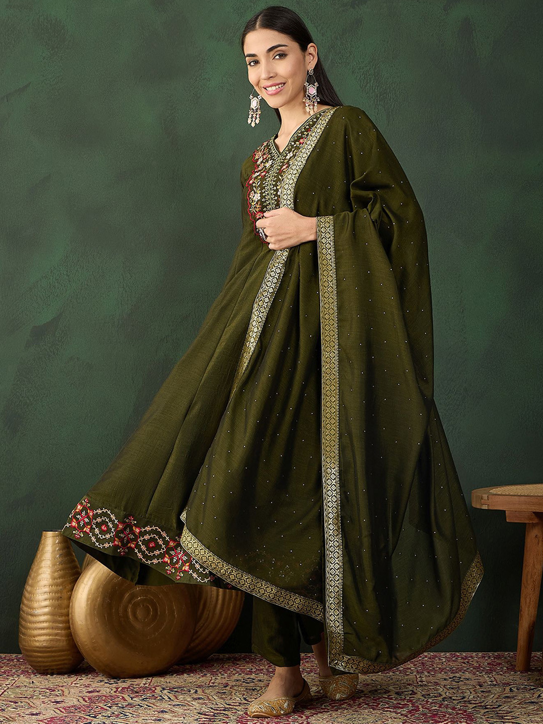 

Sangria Floral Embroidered Regular Sequinned Anarkali Kurta With Trouser & Dupatta, Olive