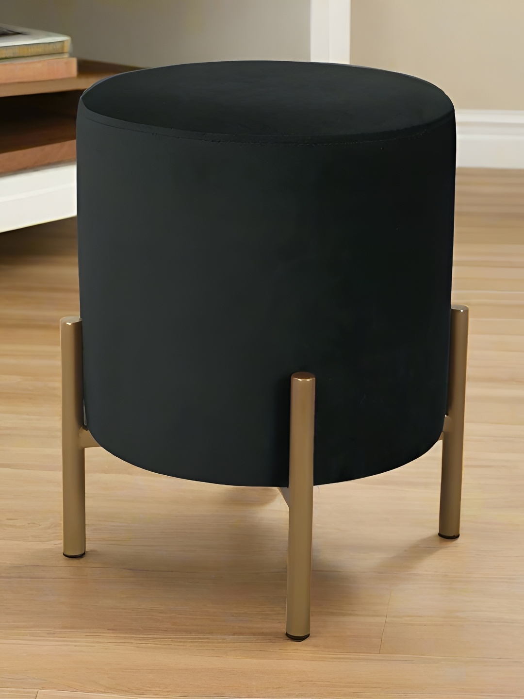 

Wooden Twist Black Velvet Cylindrical Ottoman
