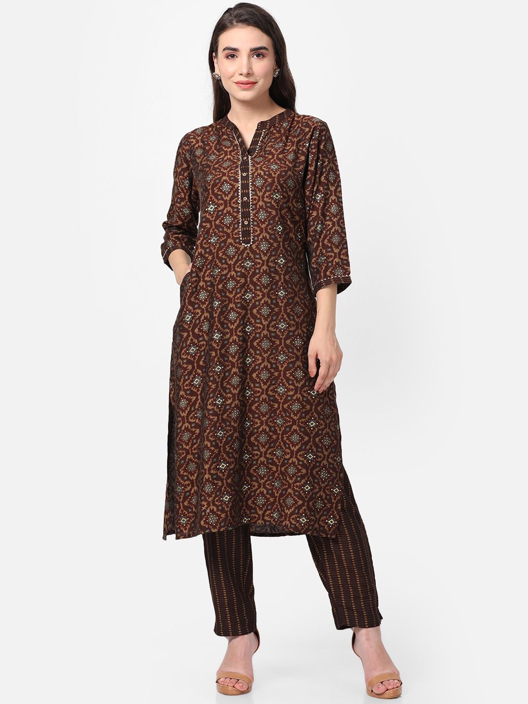 

Shree Geometric Printed Mandarin Collar Liva Straight Kurta With Trousers, Brown