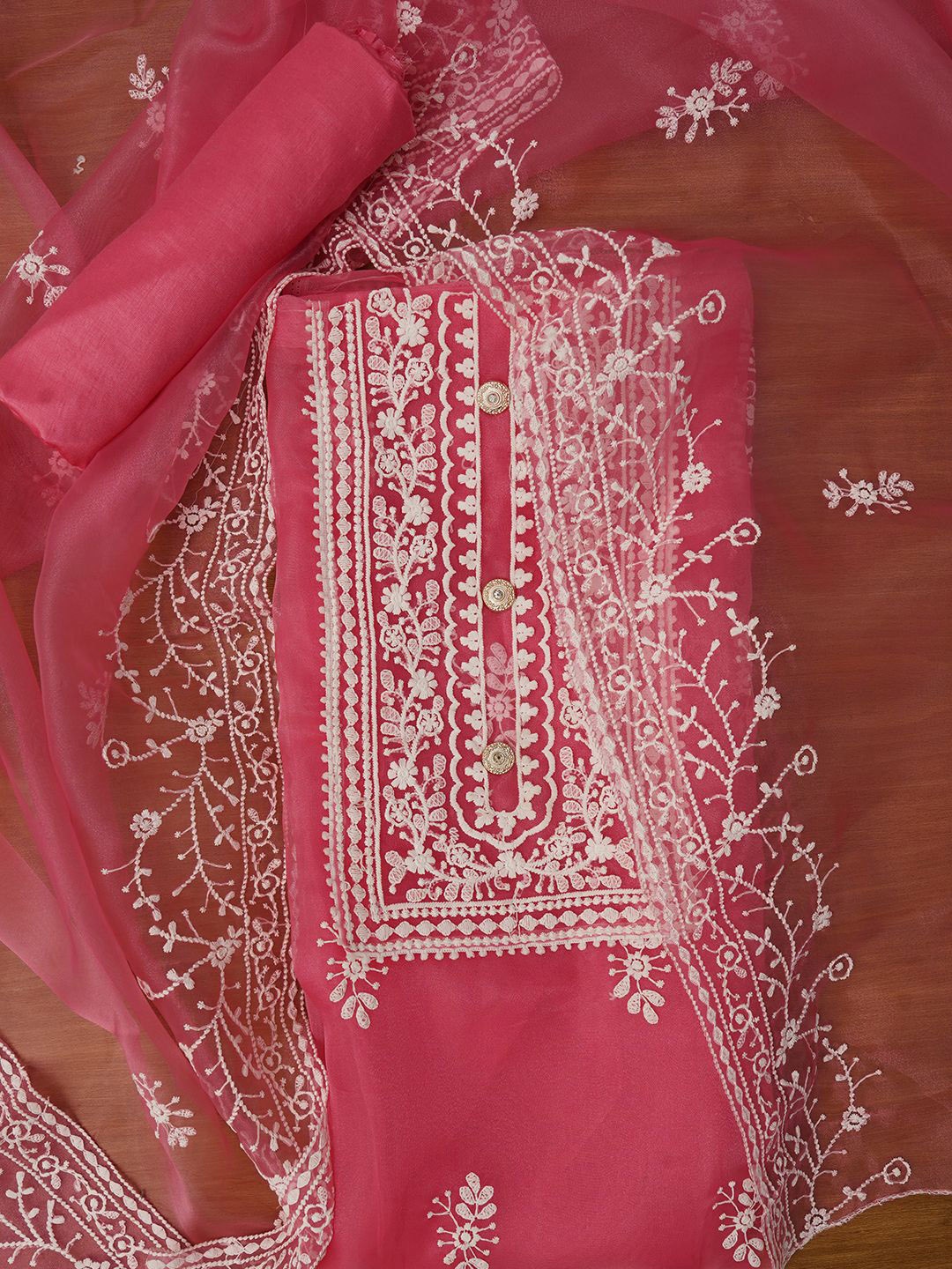 

Jaipur Kurti Unstitched Embroidered Organza Dress Material With Dupatta, Pink