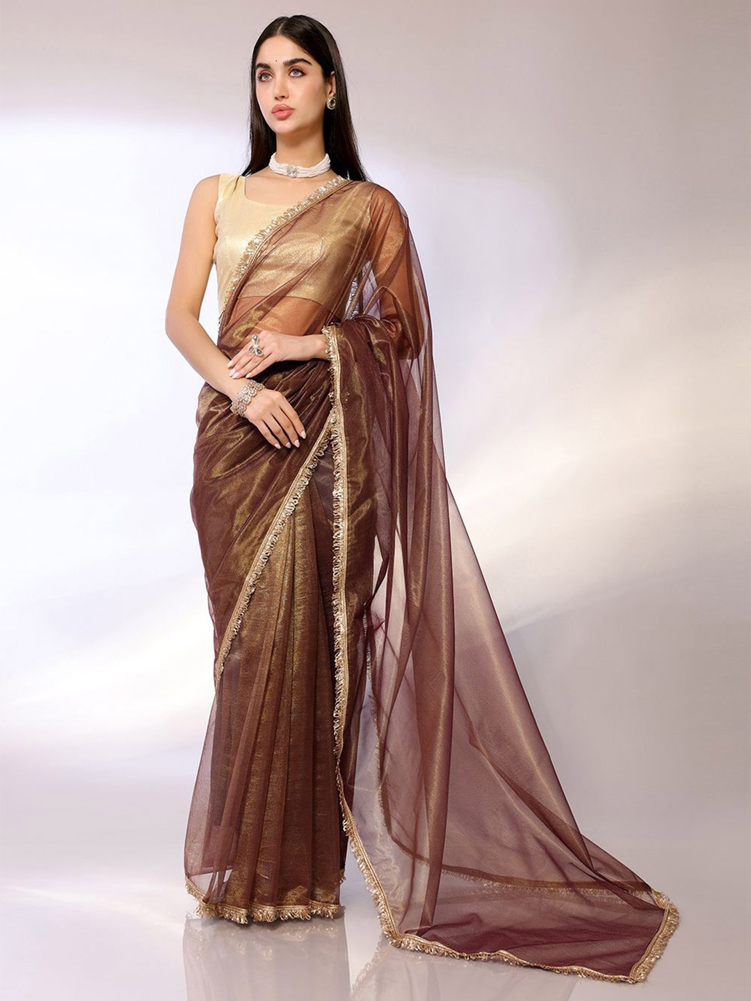 

FABMORA Sequinned Organza Saree, Brown