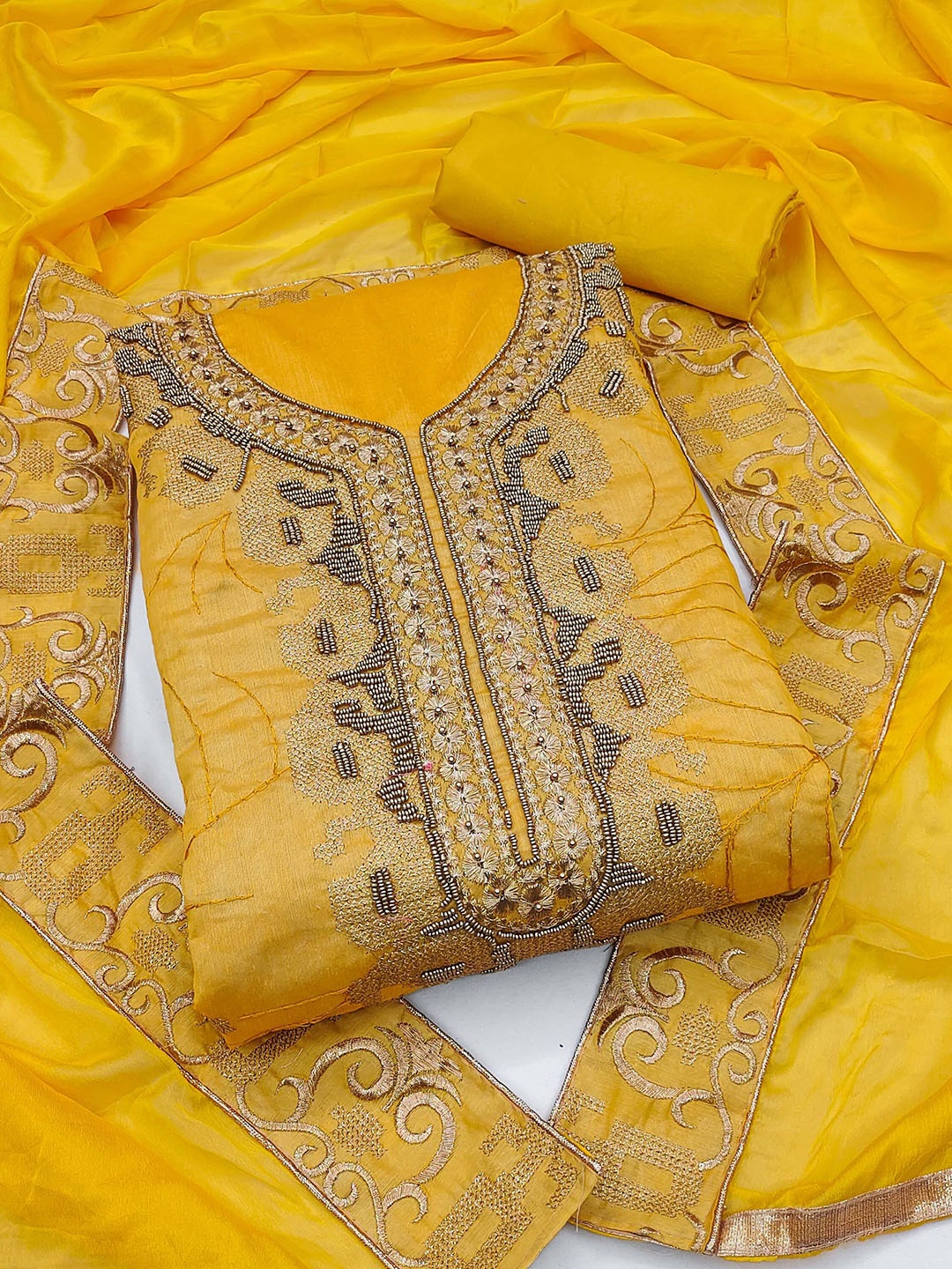 

KIMISHA Paisley Embroidered Zari Unstitched Dress Material, Yellow