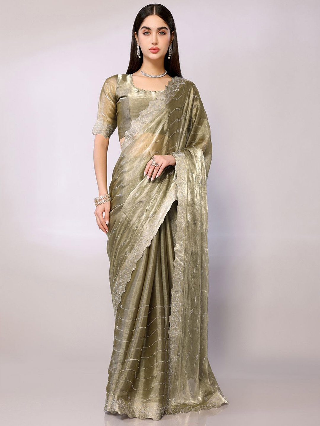 

FABMORA Embellished Beads and Stones Saree, Green