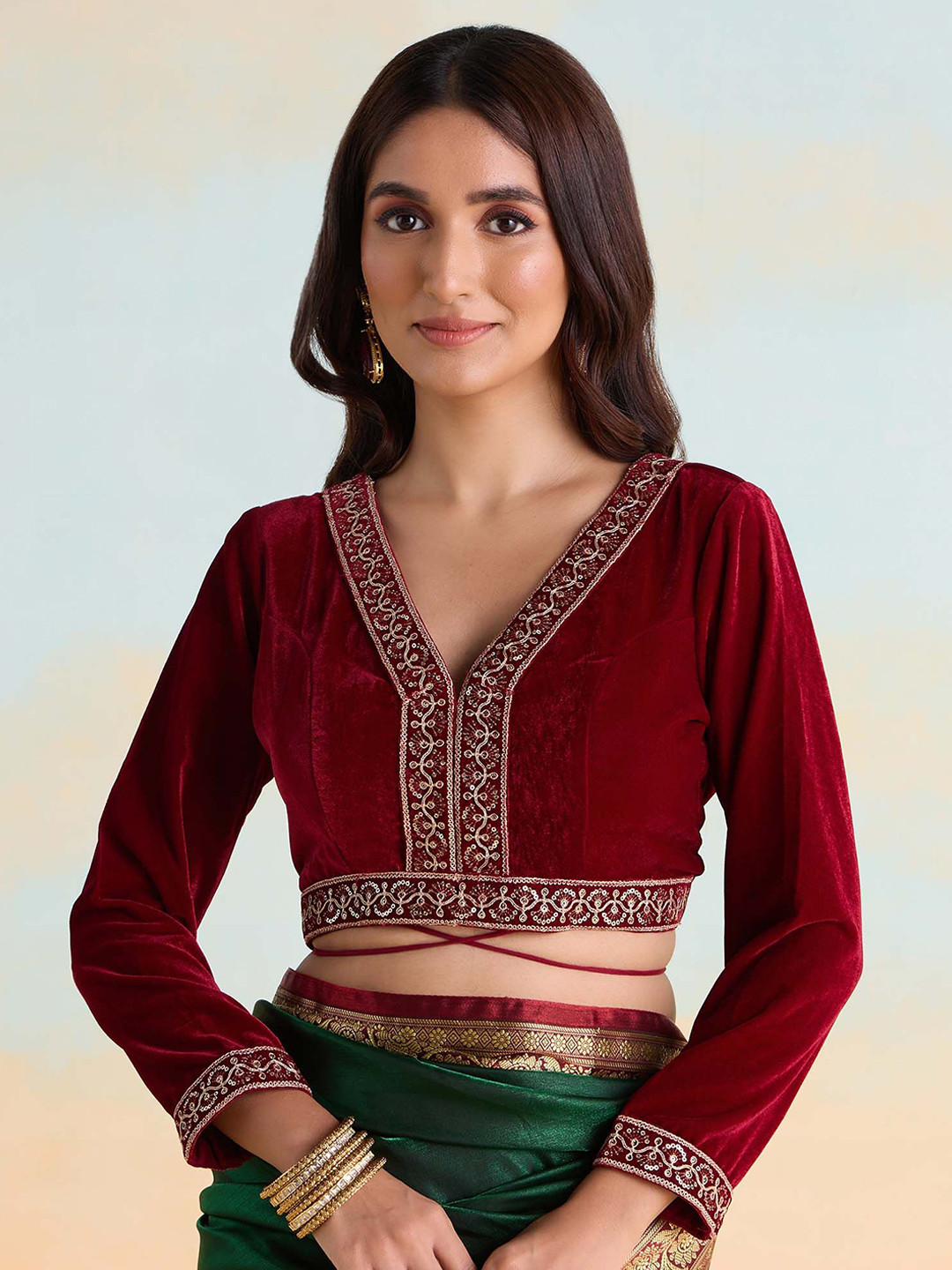 

Likha Embroidered Velvet Saree Blouse, Maroon