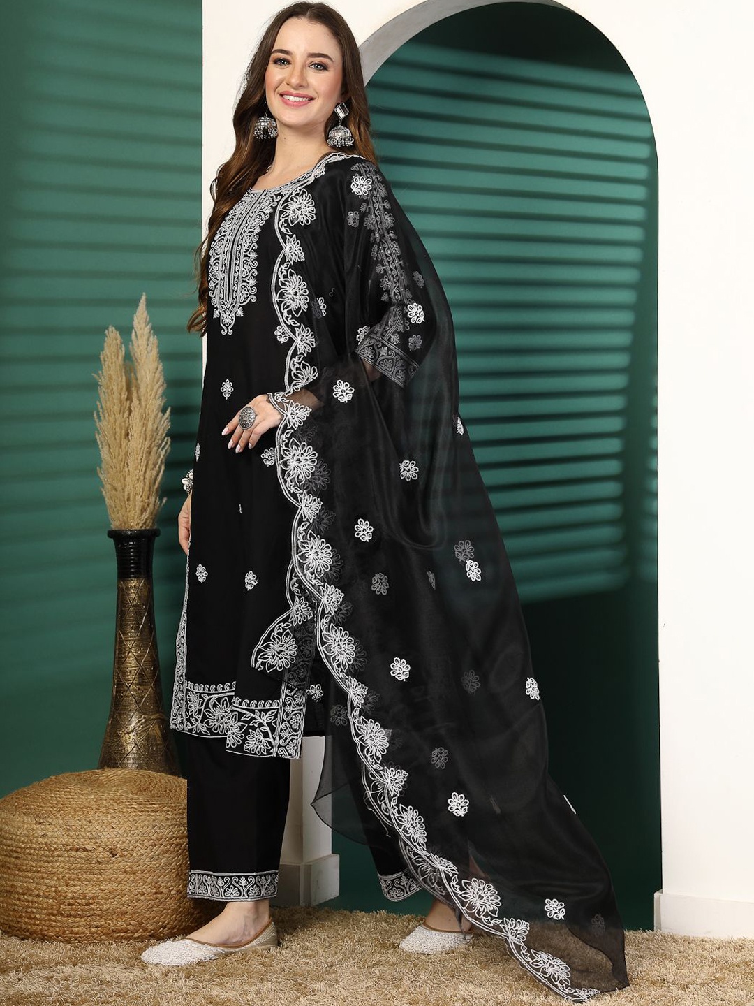 

Sangria Ethnic Motifs Embroidered Thread Work Pure Cotton Kurta with Palazzos & Dupatta, Black