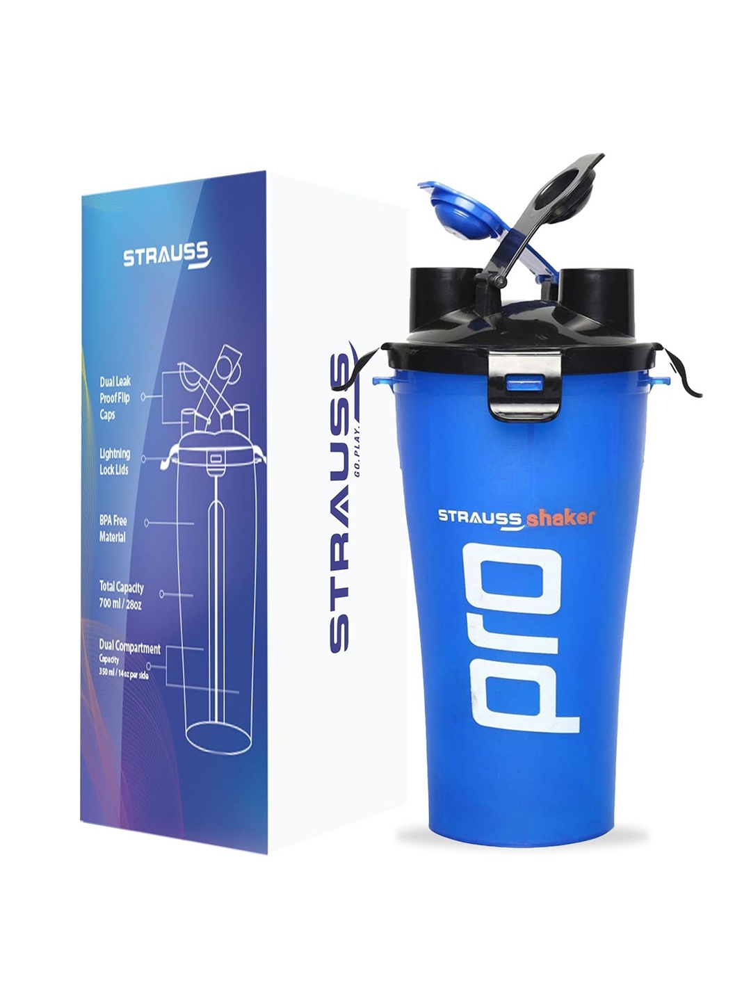 

STRAUSS Blue & White Typography Printed Dual Storage Shaker Bottle 700ml