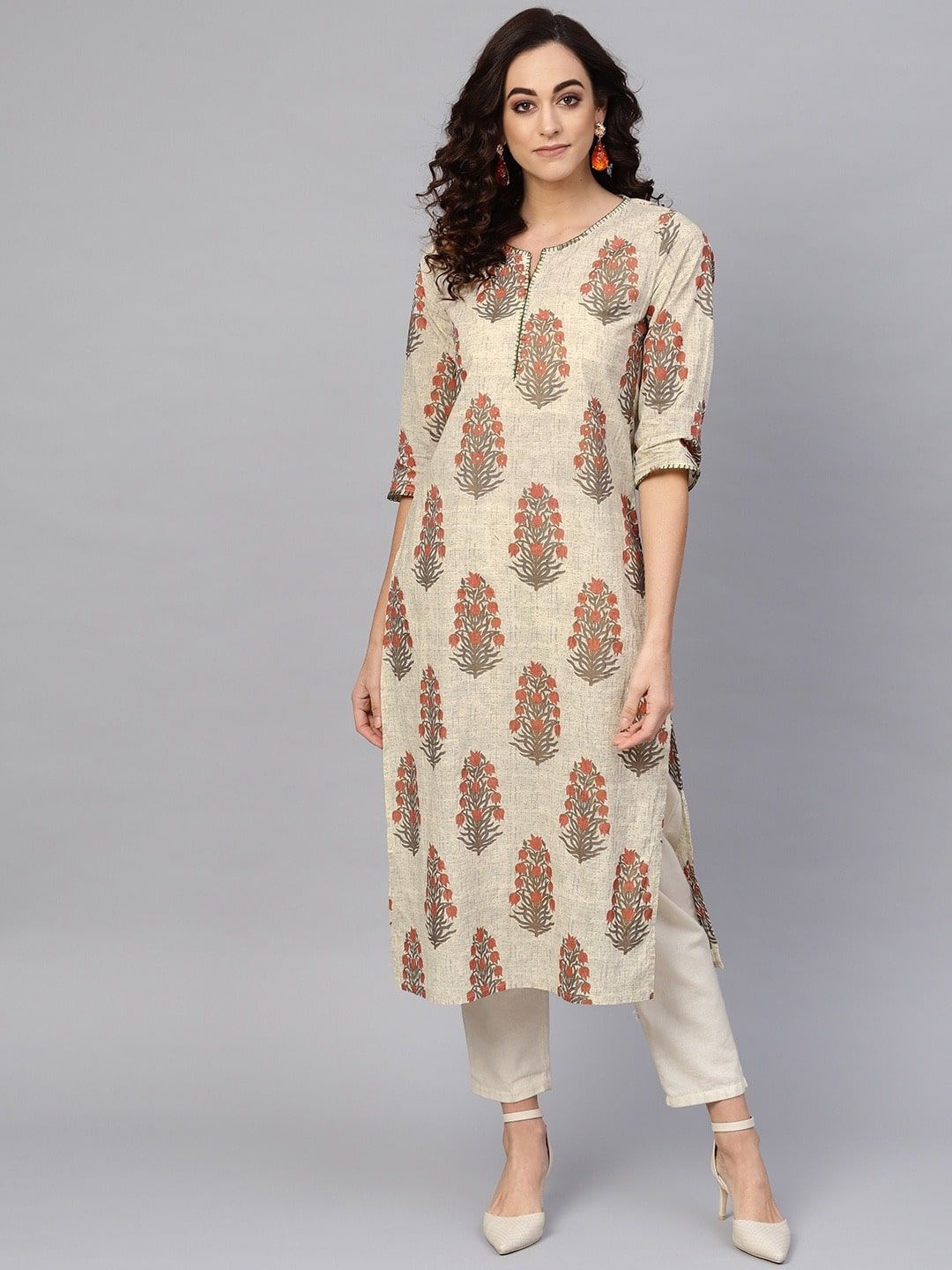 

YASH GALLERY Women Printed Flared Sleeves Kurta, Beige