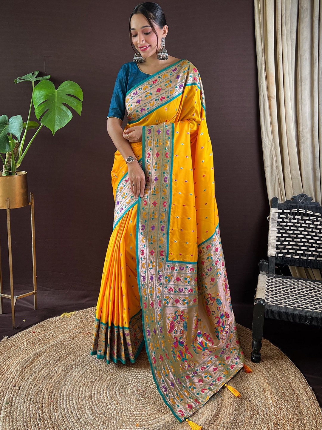 

Ekta Textiles Woven Design Zari Pure Silk Paithani Saree, Yellow