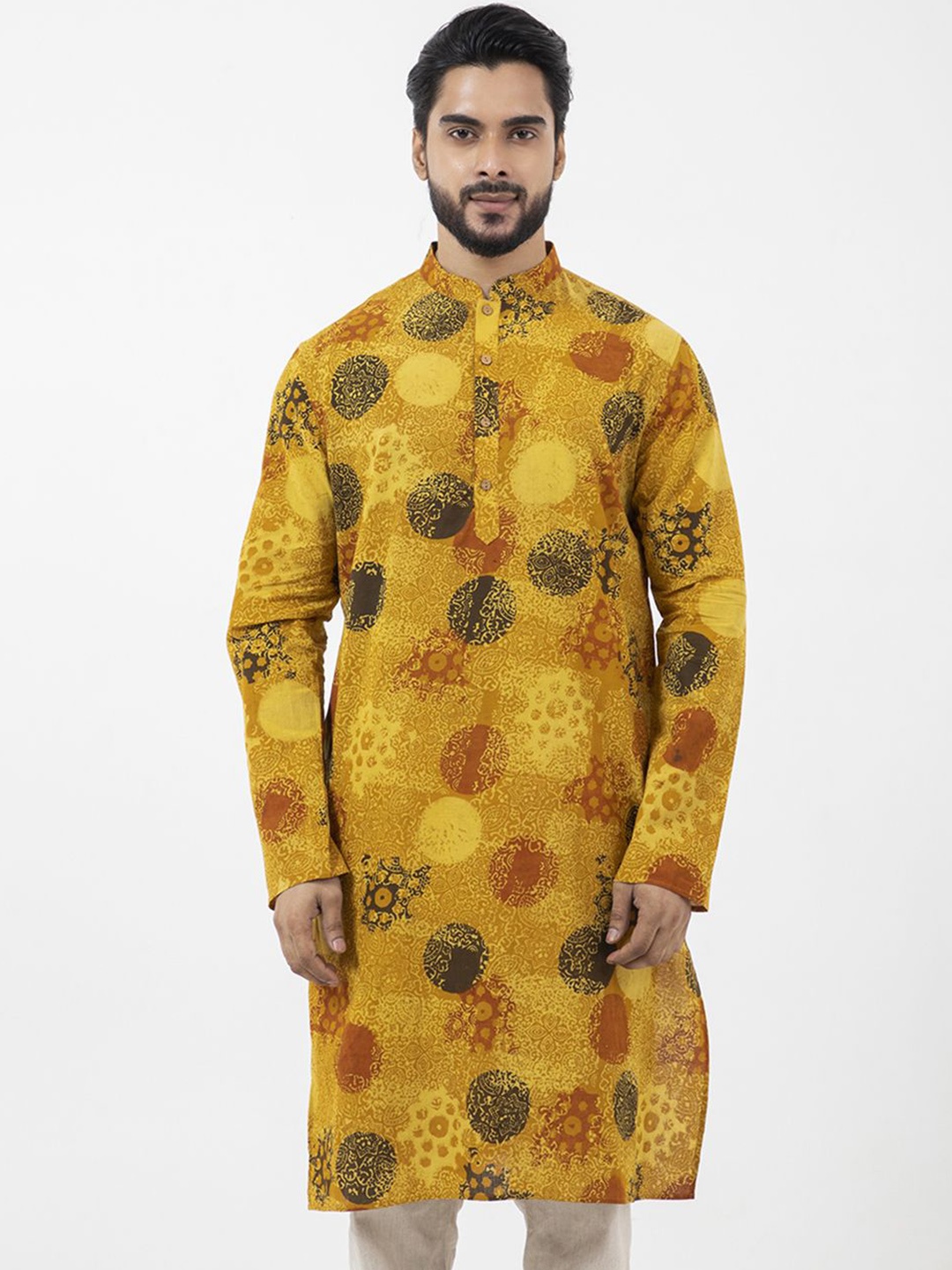 

Inkriti Geometric Printed Mandarin Collar Organic Cotton Straight Kurta, Yellow