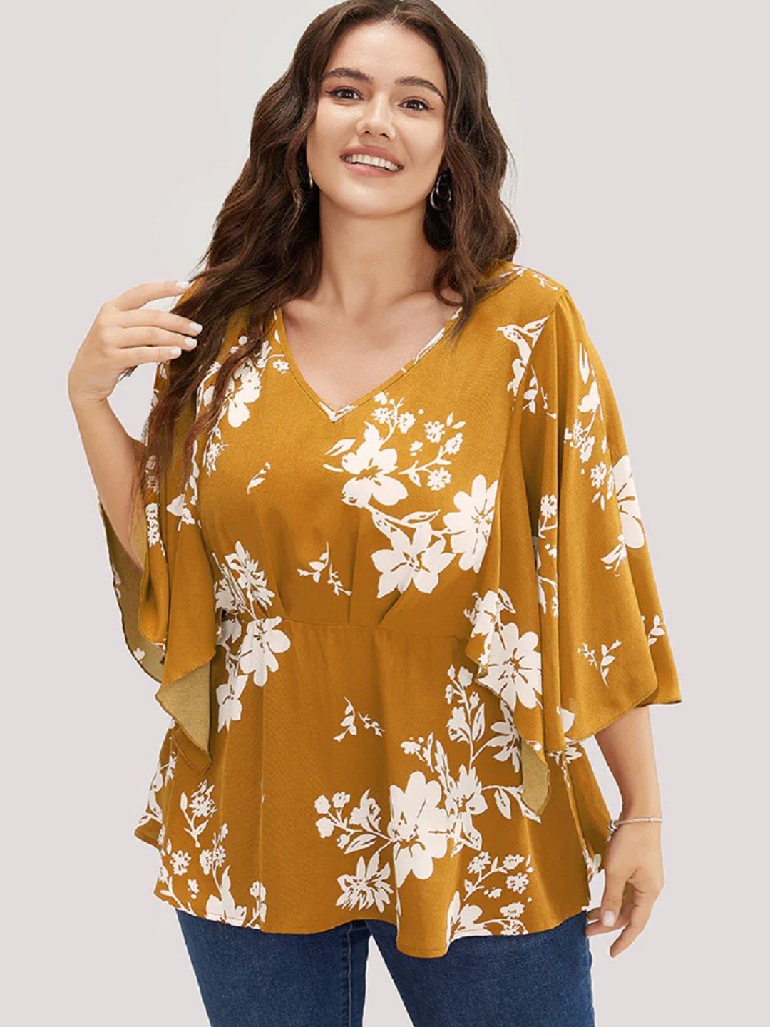 

MANKSH Women Floral Printed V-Neck Top, Yellow