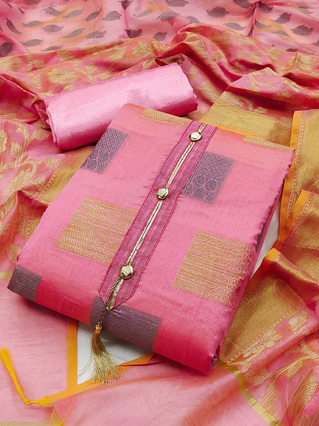 

APNISHA Floral Woven Design Zari Jacquard Pure Silk Unstitched Dress Material, Pink