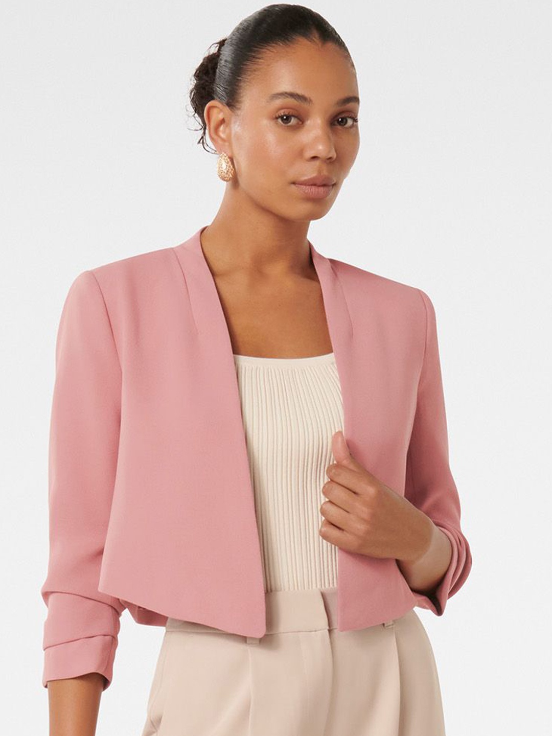 

Forever New Women Crop Open Front Jacket with Embroidered, Pink