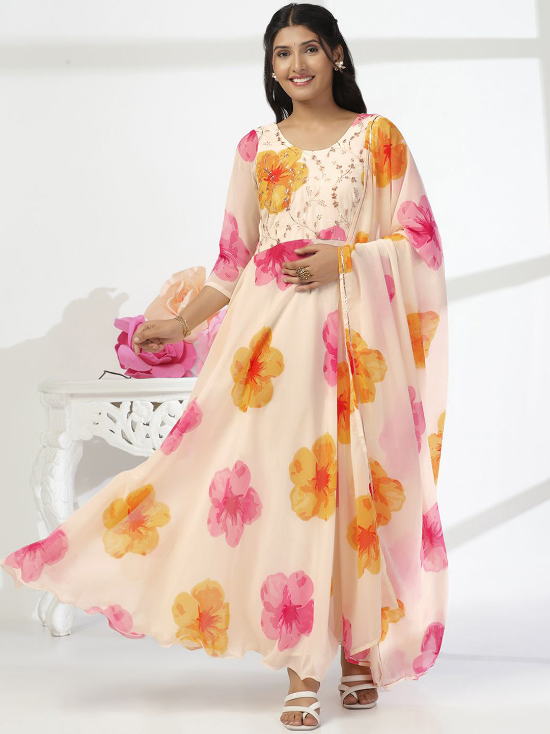 

BAESD Printed Fit & Flared Maxi Ethnic Dresses With Dupatta, Off white