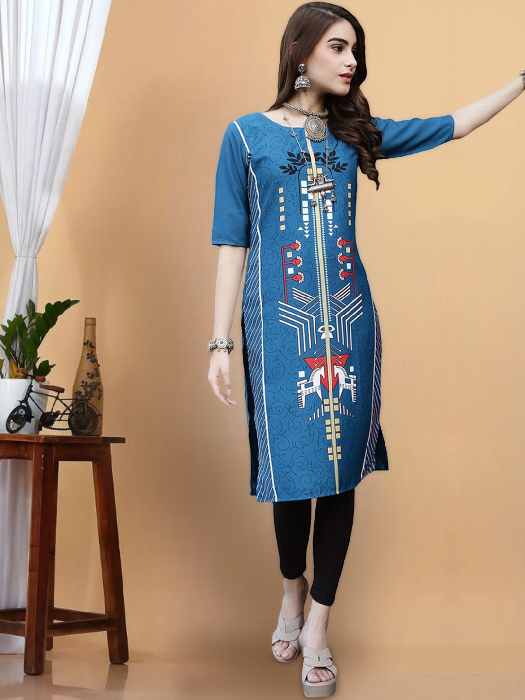 

7Threads Abstract Printed Round Neck Straight Kurta, Blue