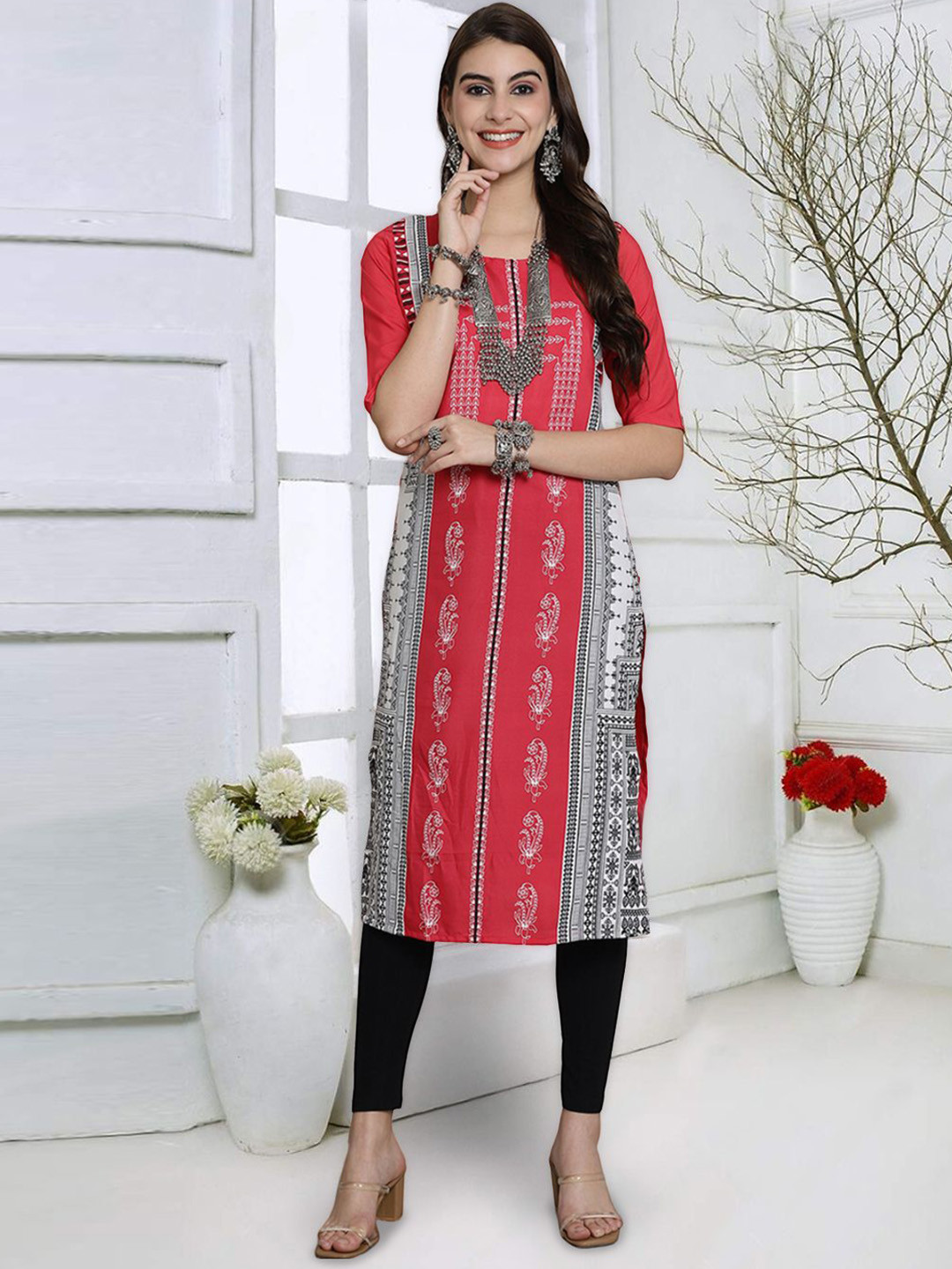 

7Threads Ethnic Motifs Printed Round Neck Crepe Kurta, Red