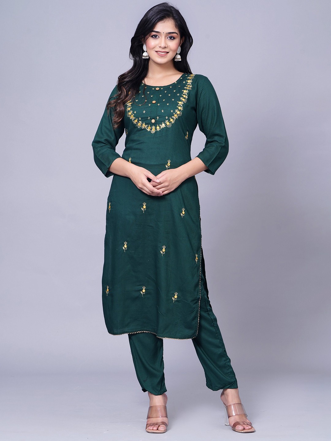 

ASHRU Floral Embroidered Mirror Work Straight Kurta With Trousers, Green